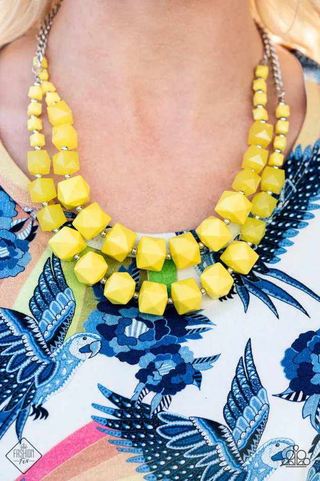 Paparazzi Accessories Necklaces Summer Excursion Yellow Chunky Bead Silver Layered Necklace