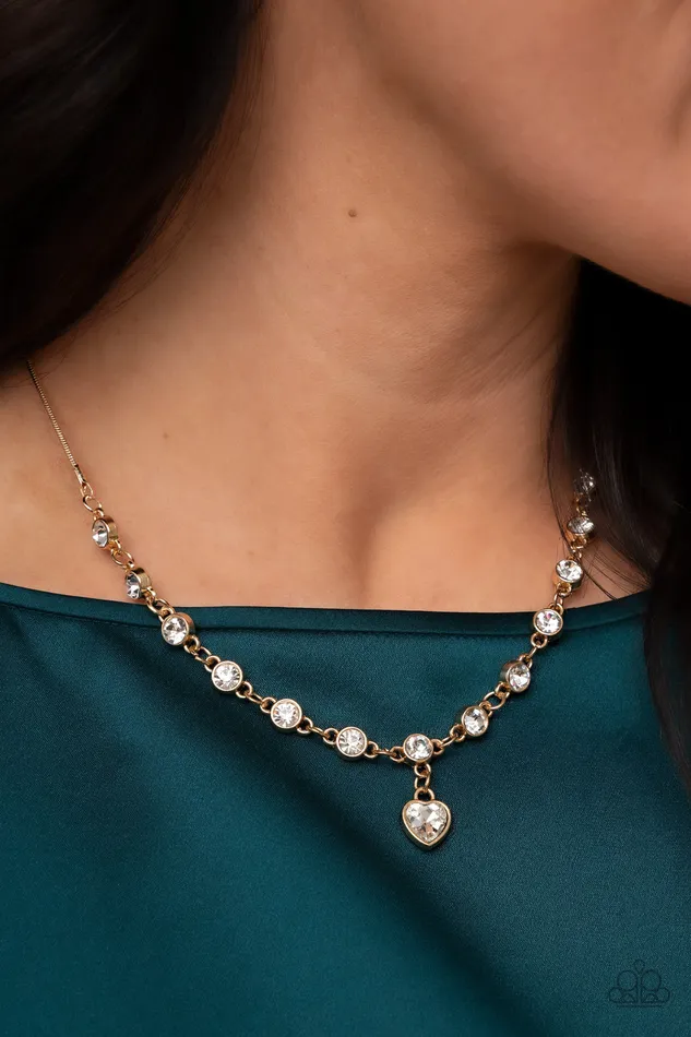 Paparazzi Accessories Necklaces True Love Trinket Gold Heart Rhinestone Necklace Paparazzi