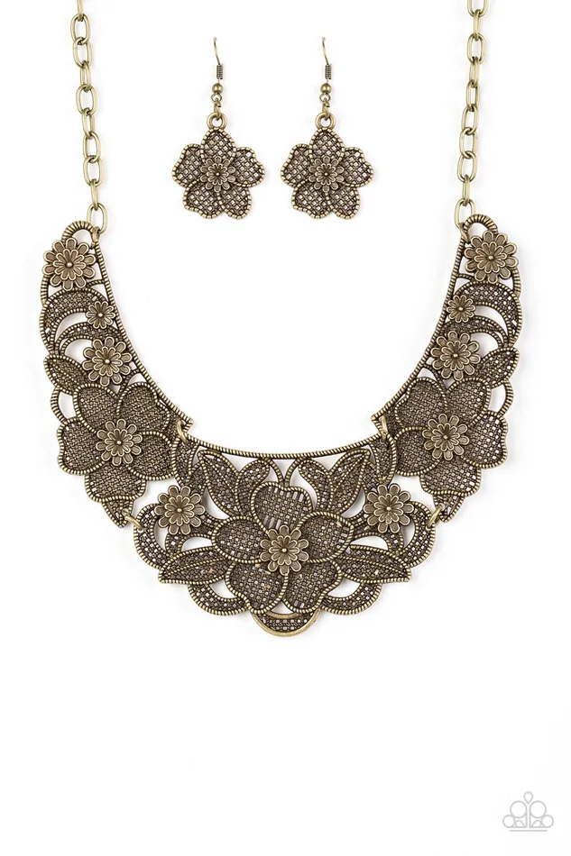 Paparazzi Accessories Paparazzi Petunia Paradise Brass Floral Statement Bib Necklace Necklaces Paparazzi Accessories Paparazzi Petunia Paradise Brass Floral Statement Bib Necklace Necklaces