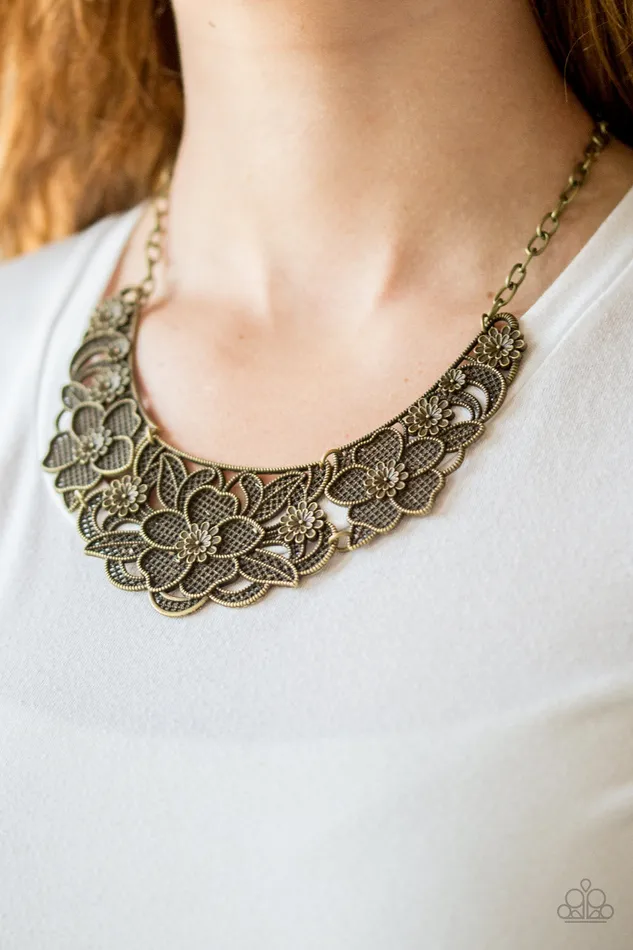 Paparazzi Accessories Paparazzi Petunia Paradise Brass Floral Statement Bib Necklace Necklaces Paparazzi Accessories Paparazzi Petunia Paradise Brass Floral Statement Bib Necklace Necklaces