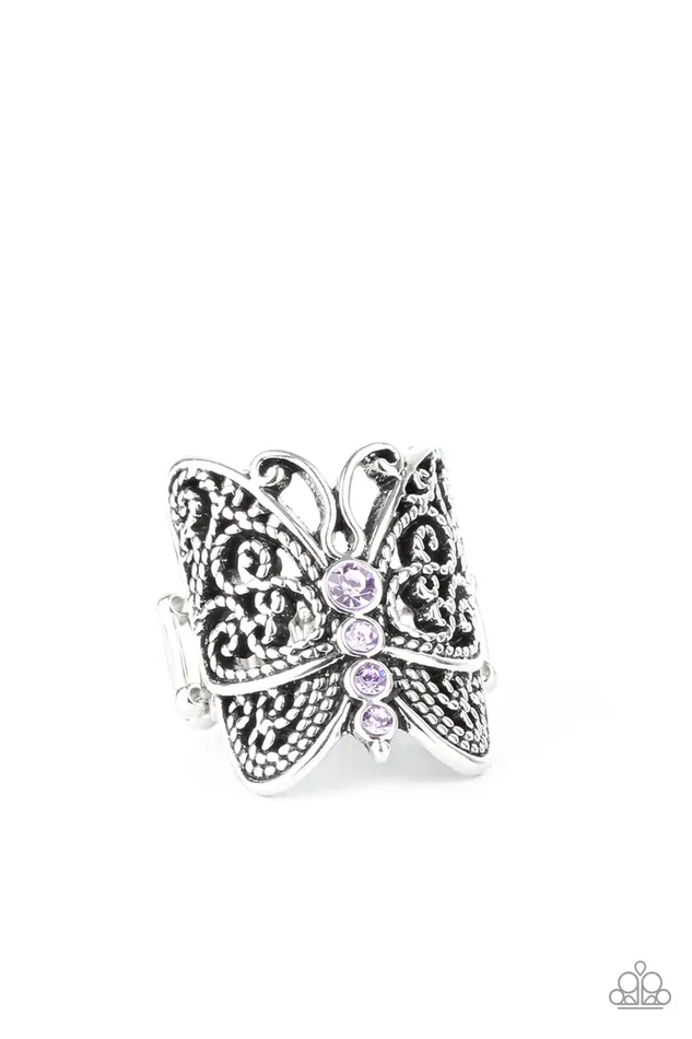Paparazzi Accessories Rings Butterfly Bling Purple Rhinestone Silver Butterfly Ring Paparazzi