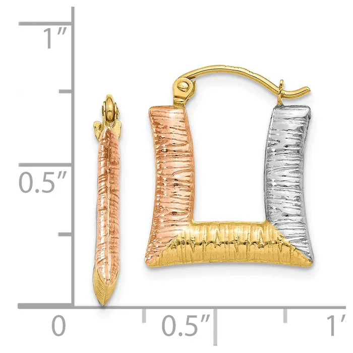 Qgold 14k Yellow Rhodium 15 mm Hollow Textured Square Hoop Earrings 079 grams Earrings