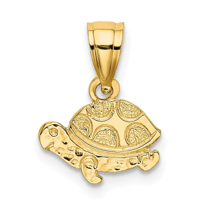 Qgold Charm Necklaces 14k Yellow Gold 98 mm Flat and Engraved Mini Turtle Charm 048 grams