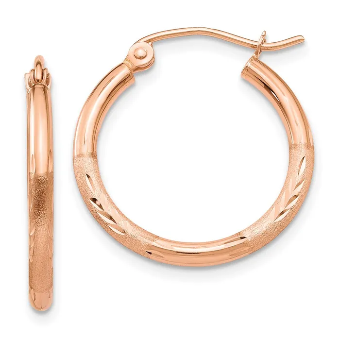 Qgold Earrings 14k Rose Gold 2 mm Lightweight Satin Diamond Cut Hoop Earrings 107 grams