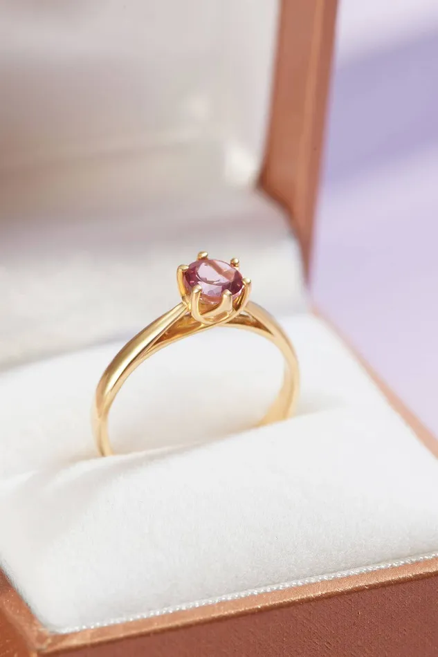 Rings AME Jewellery 5mm Pink Topaz 6Prong Ring in 14K Yellow Gold
