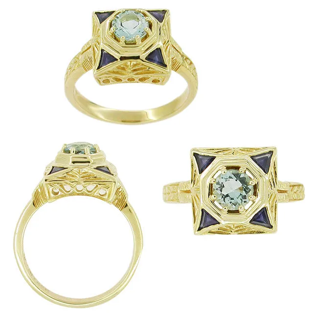 Rings Art Deco Filigree Sapphire and Blue Topaz Ring in 14 Karat Yellow Gold Antique Jewelry Mall