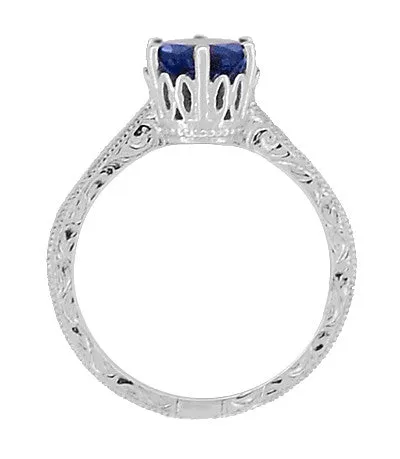 Rings Art Deco Filigree Scrolls 15 Carat Blue Sapphire Engraved Solitaire Crown Engagement Ring in 18 Karat White Gold Antique Jewelry Mall