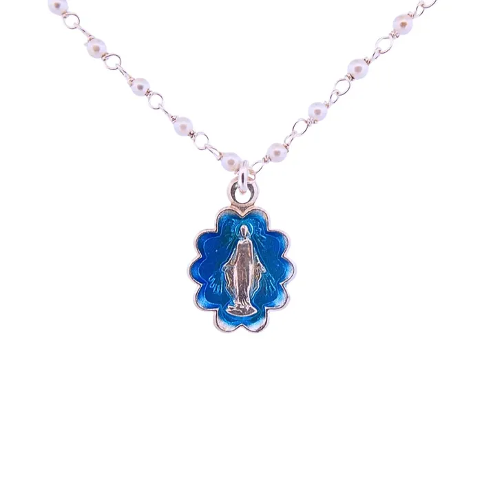 Silver Miraculous Medal with Blue Enamel Pearls Beaded Chain 20 ITALY Rings